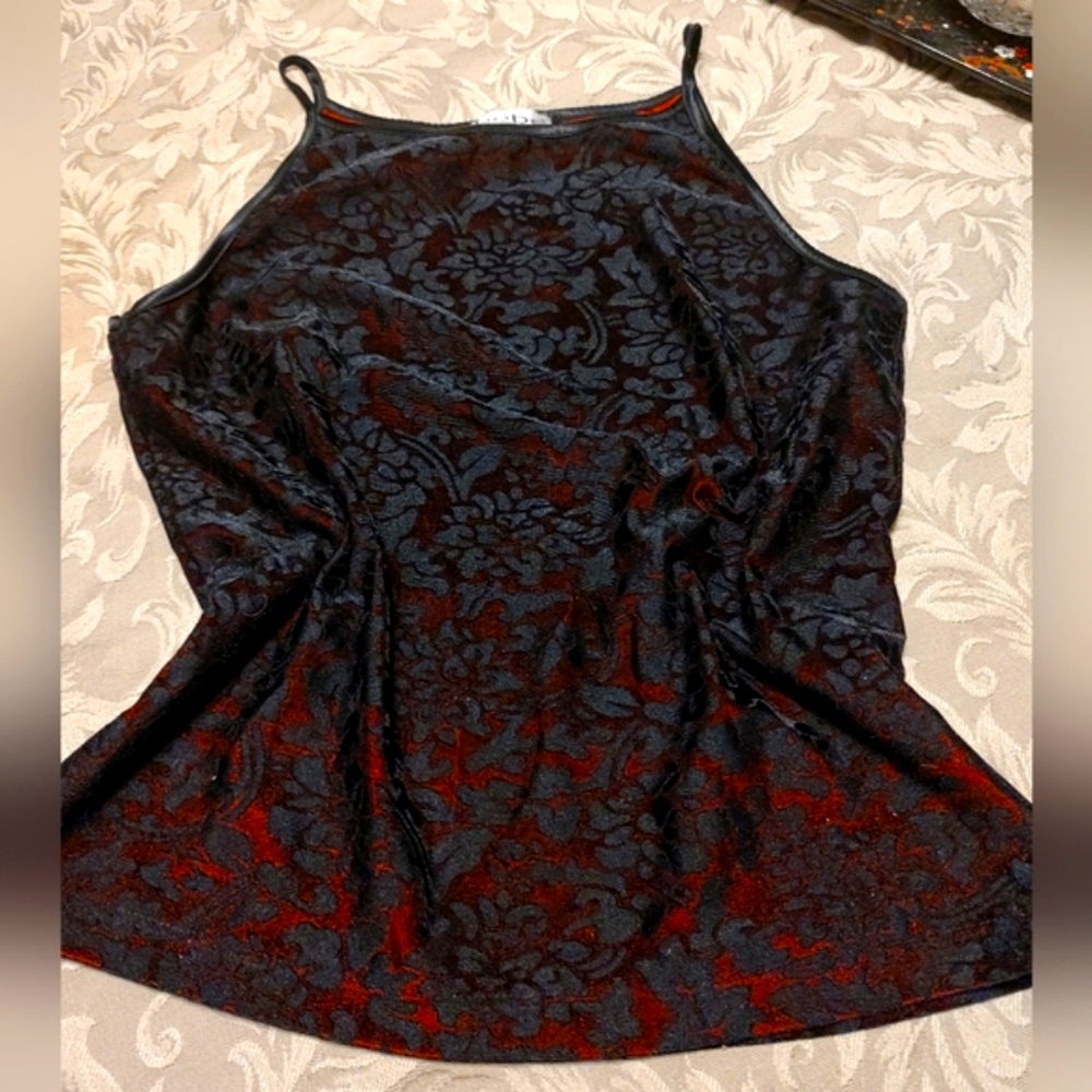 🐈‍⬛🎀🐈‍⬛ Sultry Gothic Bebe Black Floral Velvet & Crimson Scarlet Red Top - LJ - Picture 2 of 12